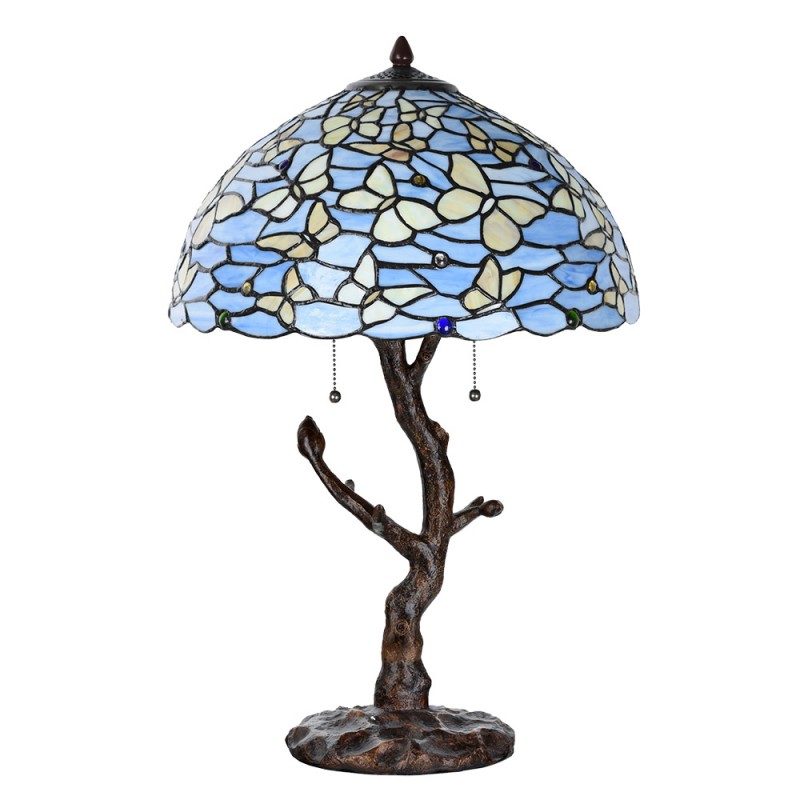 Clayre & Eef 5LL-6344 Tiffany Tafellamp Ø 40x60 Cm Blauw Glas Vlinders Tiffany Bureaulamp