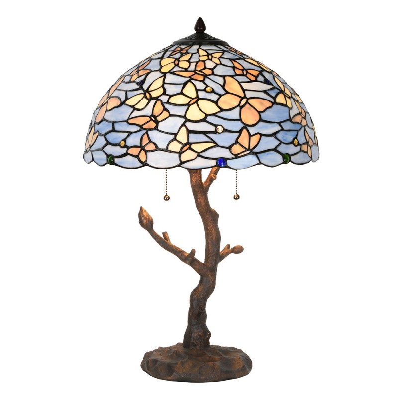 clayre & eef 5LL-6344 Tiffany Tafellamp Ø 40x60 cm Blauw Glas Vlinders Tiffany Bureaulamp