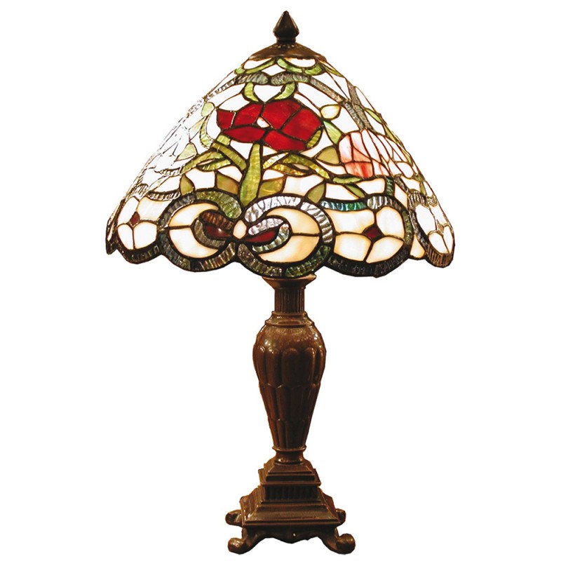 Clayre & Eef 5LL-8837 Tiffany Tafellamp Ø 32x47 Cm Beige Groen Glas Roos Tiffany Bureaulamp
