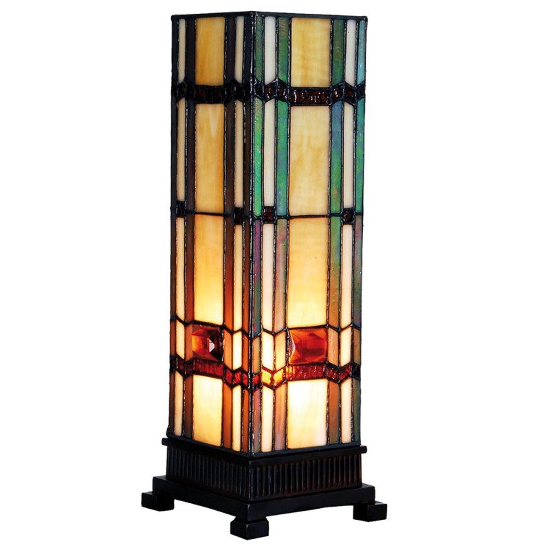 clayre & eef 5LL-9024 Tiffany Tafellamp 12x12x35 cm Beige Groen Glas Rechthoek Tiffany Bureaulamp