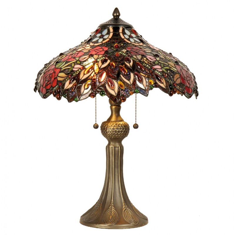 clayre & eef 5LL-9027 Tiffany Tafellamp Ø 43x58 cm Rood Groen Glas Roos Tiffany Bureaulamp