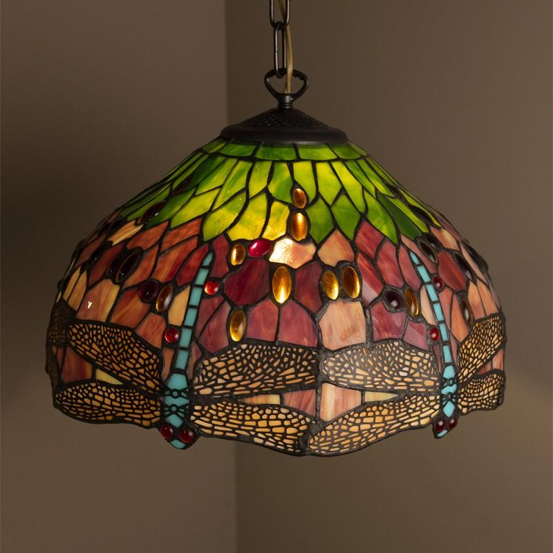 Clayre & Eef 5LL-9201 Lampenkap Tiffany Ø 42x24 Cm Rood Groen Glas Libelle Glazen Lampenkap