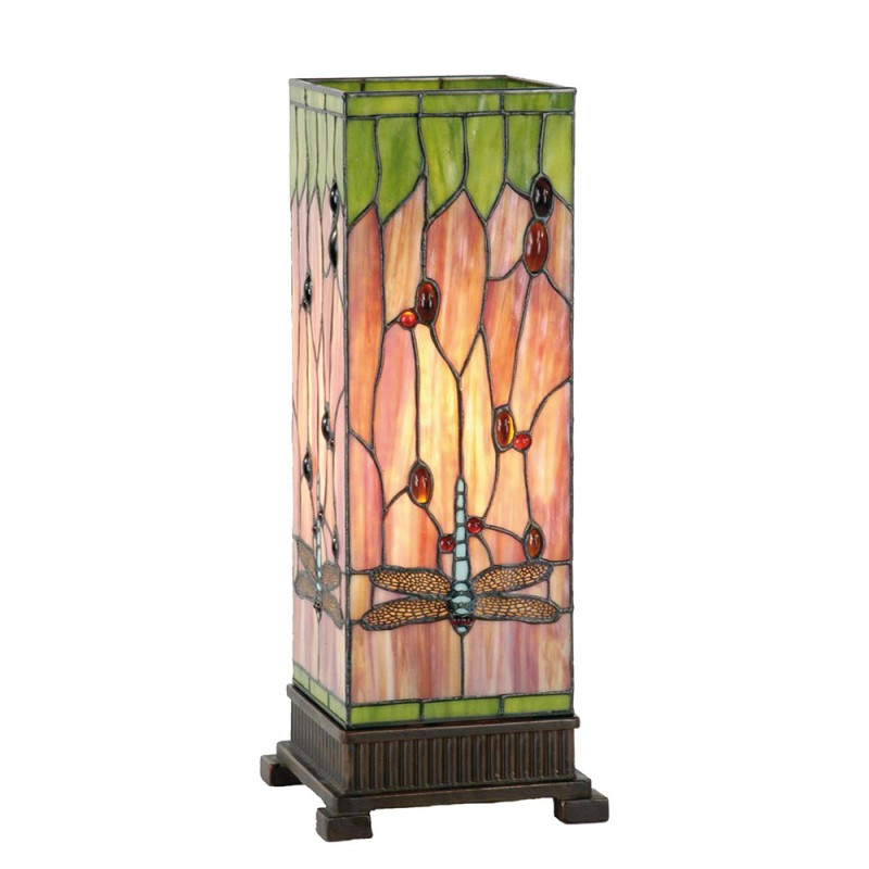 clayre & eef 5LL-9218 Tiffany Tafellamp 18x18x45 cm Rood Groen Glas Libelle Rechthoek Tiffany Bureaulamp