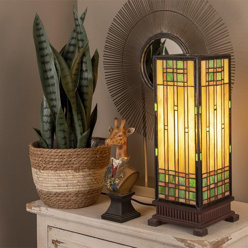 Clayre & Eef 5LL-9221 Tiffany Tafellamp 18x18x45 Cm Beige Bruin Glas Rechthoek Tiffany Bureaulamp