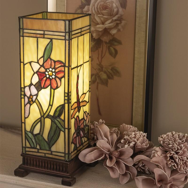 Clayre & Eef 5LL-9224 Tiffany Tafellamp 18x18x45 Cm Beige Roze Glas Bloemen Rechthoek Tiffany Bureaulamp
