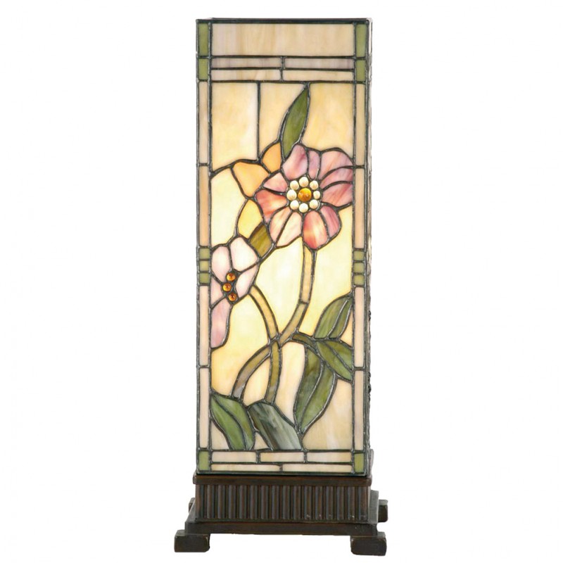 Clayre & Eef 5LL-9224 Tiffany Tafellamp 18x18x45 Cm Beige Roze Glas Bloemen Rechthoek Tiffany Bureaulamp