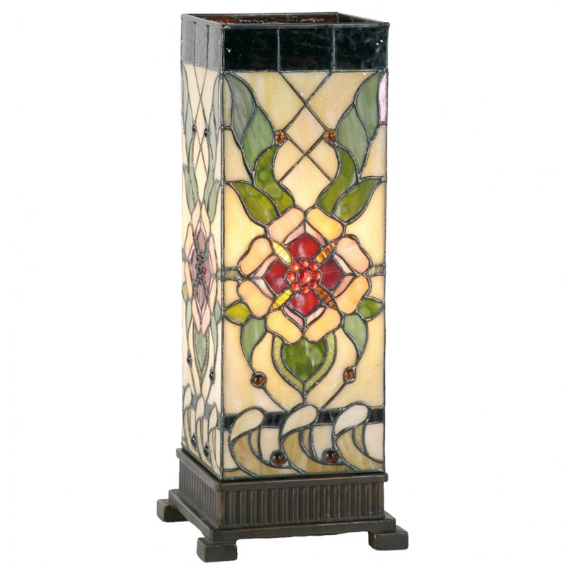 clayre & eef 5LL-9226 Tiffany Tafellamp 18x18x45 cm Beige Groen Glas Roos Rechthoek Tiffany Bureaulamp