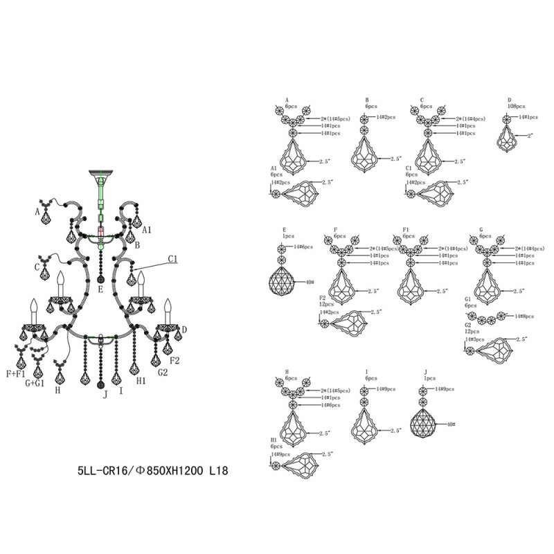 Clayre & Eef 5LL-CR16 Kroonluchter Ø 85x120/230 Cm Transparant Metaal Hanglamp