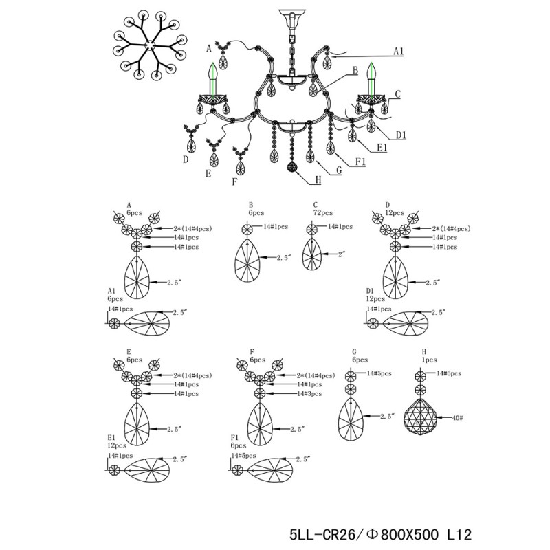 Clayre & Eef 5LL-CR26 Kroonluchter Ø 75x57/170 Cm Zilverkleurig IJzer Hanglamp