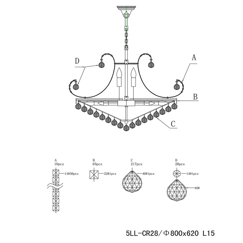 Clayre & Eef 5LL-CR28 Kroonluchter Ø 80x60/182 Cm Zilverkleurig IJzer Hanglamp