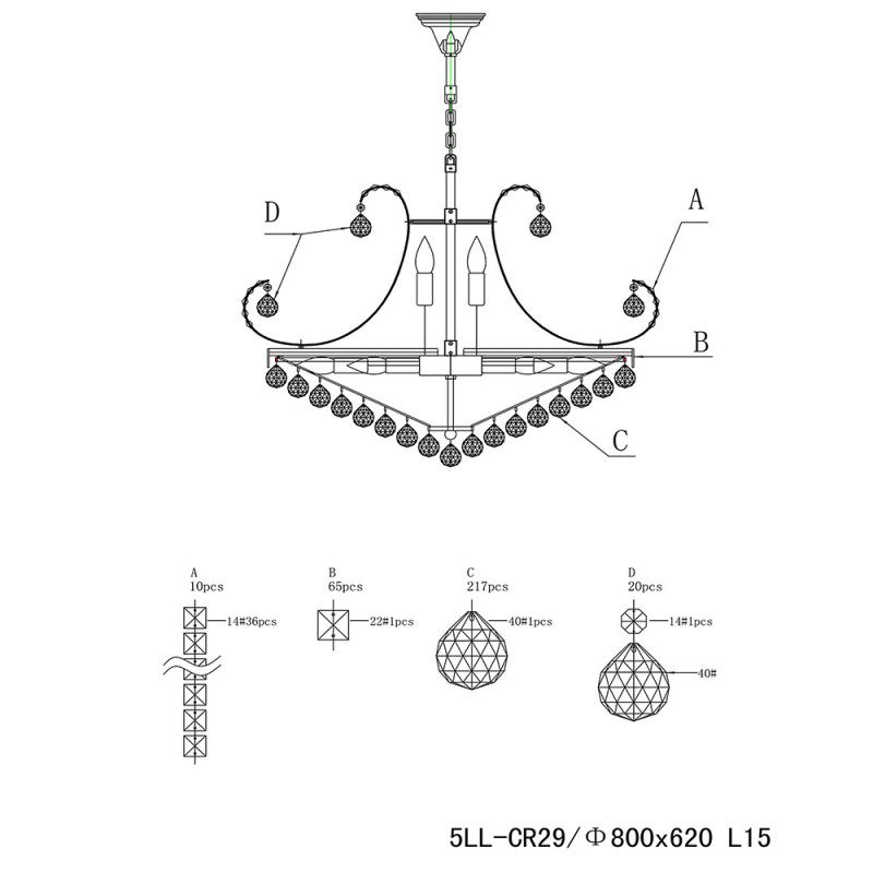 Clayre & Eef 5LL-CR29 Kroonluchter Ø 80x60/182 Cm Goudkleurig IJzer Hanglamp