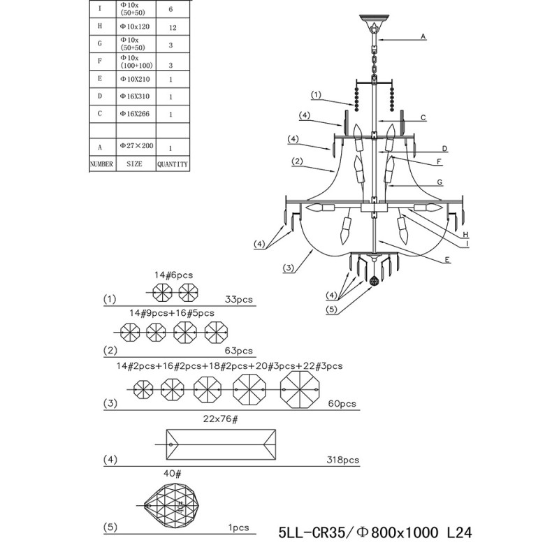 Clayre & Eef 5LL-CR35 Kroonluchter Ø 80x105/220 Cm Goudkleurig IJzer Hanglamp