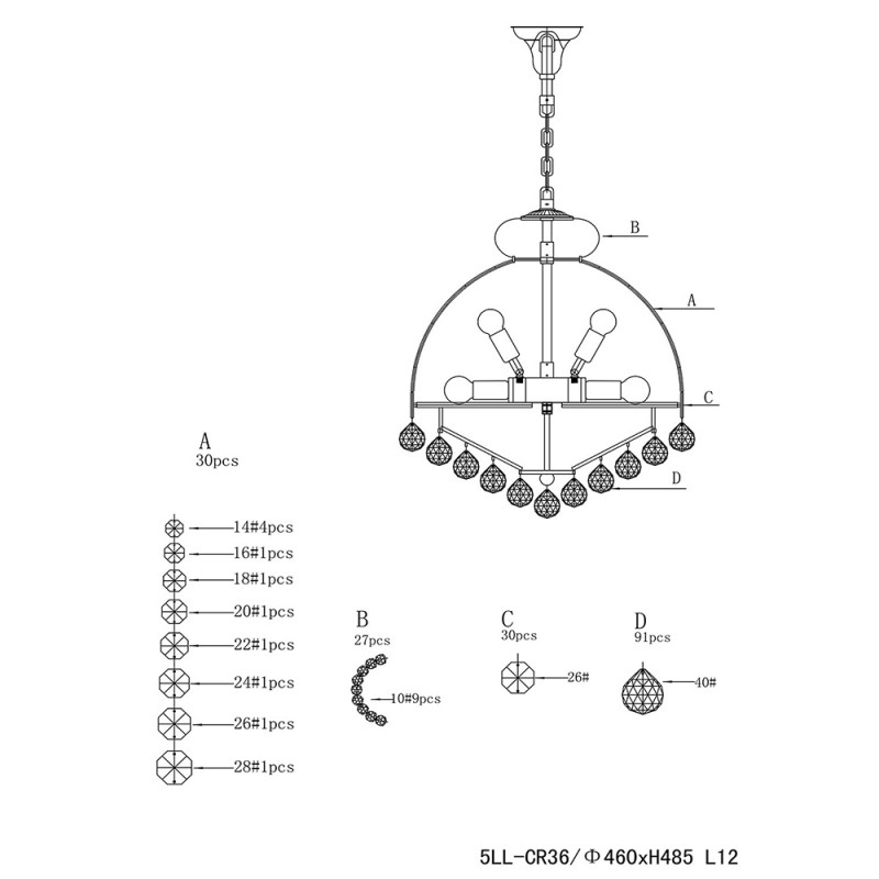Clayre & Eef 5LL-CR36 Kroonluchter Ø 48x55/180 Cm Transparant IJzer Hanglamp