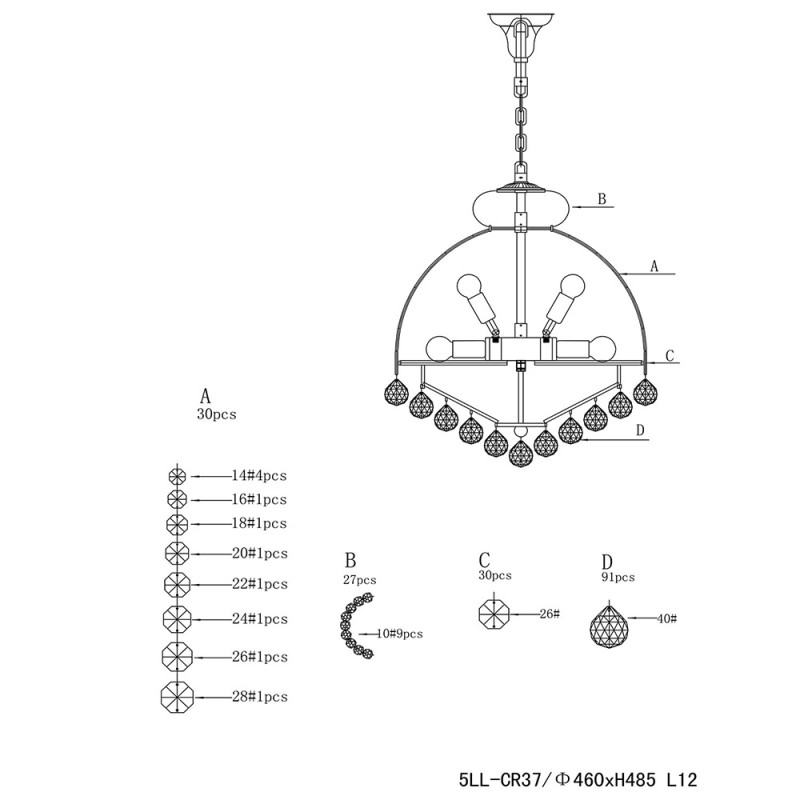Clayre & Eef 5LL-CR37 Kroonluchter Ø 48x55/180 Cm Goudkleurig IJzer Hanglamp