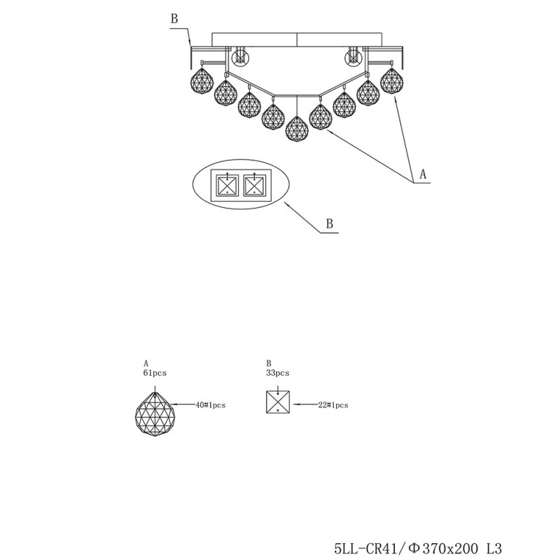 Clayre & Eef 5LL-CR41 Plafondlamp Kristal Ø 40x20 Cm Zilverkleurig IJzer Plafonniere