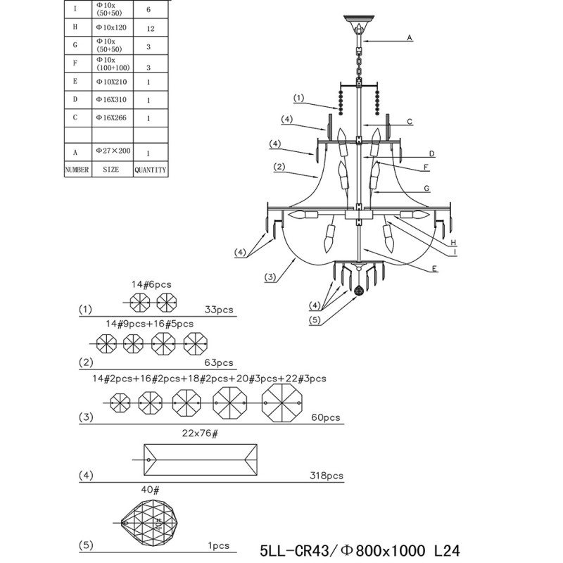 Clayre & Eef 5LL-CR43 Kroonluchter Ø 80x105/220 Cm Transparant IJzer Hanglamp