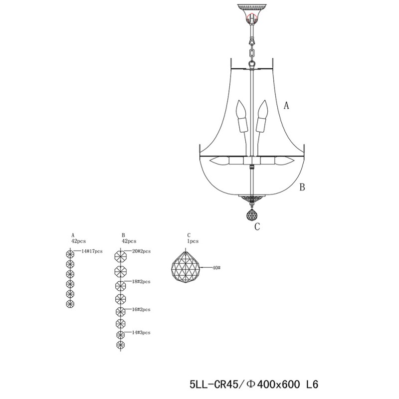 Clayre & Eef 5LL-CR45 Kroonluchter Ø 40x70/184 Cm Zilverkleurig IJzer Hanglamp