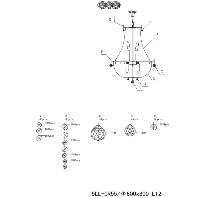 Clayre & Eef 5LL-CR55 Kroonluchter Ø 60x85/200 Cm Transparant IJzer Hanglamp