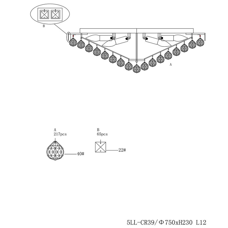 Clayre & Eef 5LL-CR57 Plafondlamp Kristal Ø 80x27 Cm E14/max 15x40W Goudkleurig IJzer Plafonniere