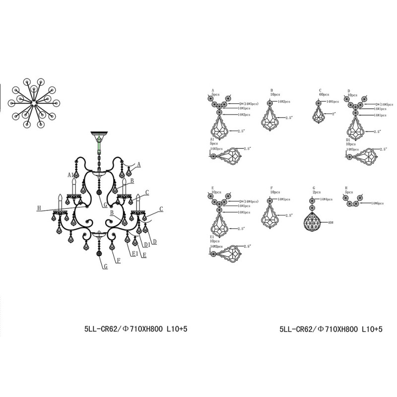 Clayre & Eef 5LL-CR62 Kroonluchter Ø 71x80 Cm Transparant IJzer Hanglamp