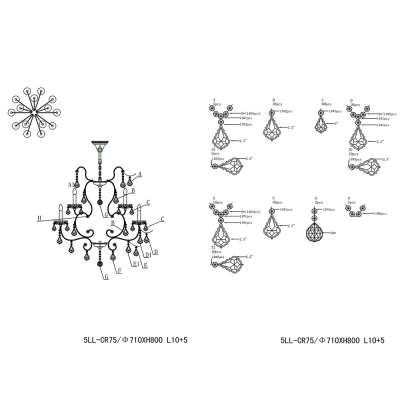Clayre & Eef 5LL-CR75 Kroonluchter Ø 71x80 Cm Transparant IJzer Hanglamp