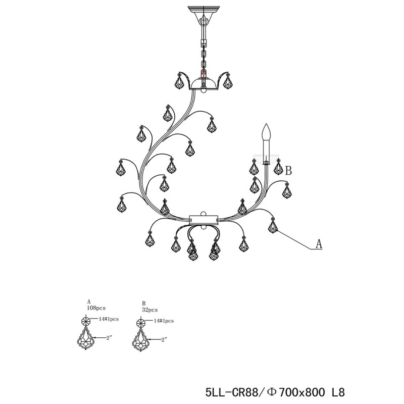Clayre & Eef 5LL-CR88 Kroonluchter Ø 65x85 Cm E14/max 8x40W Goudkleurig IJzer Hanglamp