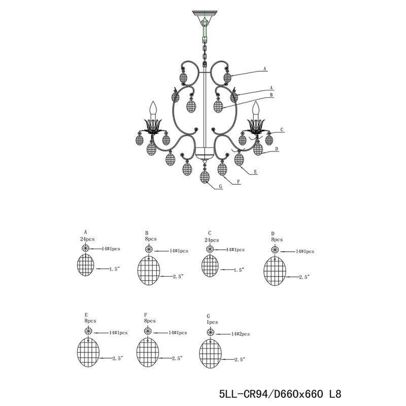 Clayre & Eef 5LL-CR94 Kroonluchter Ø 70x70 Cm Transparant IJzer Hanglamp