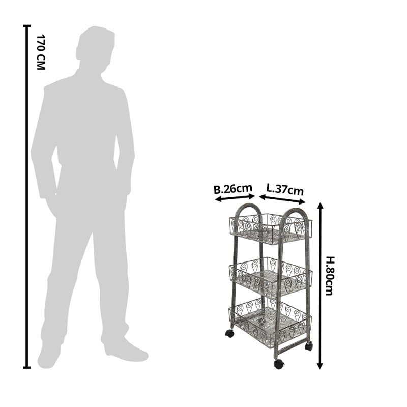 Clayre & Eef 5Y0982 Opbergrek 37x26x80 Cm Grijs IJzer Tuinrek Met Wielen