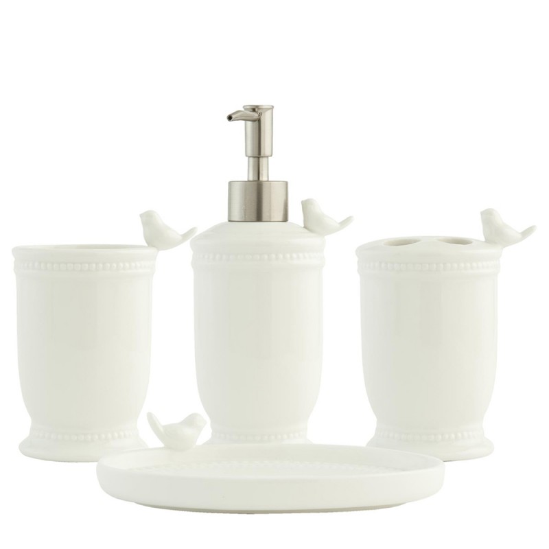 Clayre & Eef 62977 Badkamerset Set Van 4 Vogel Wit Keramiek Vogel Badkamer Accessoires Set