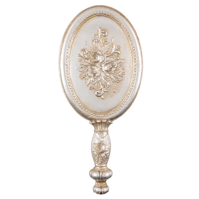 Clayre & Eef 62S007 Handspiegel 12x27 Cm Zilverkleurig Kunststof Bloemen