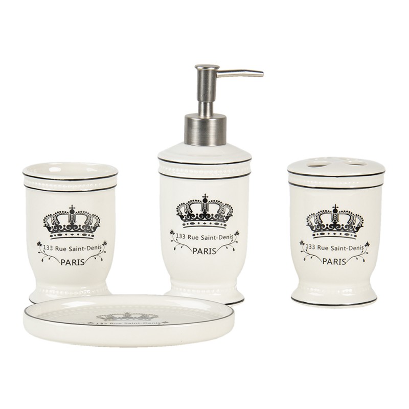 clayre & eef 64774 Badkamerset Set van 4 Beige Zwart Keramiek Kroon Badkamer Accessoires Set