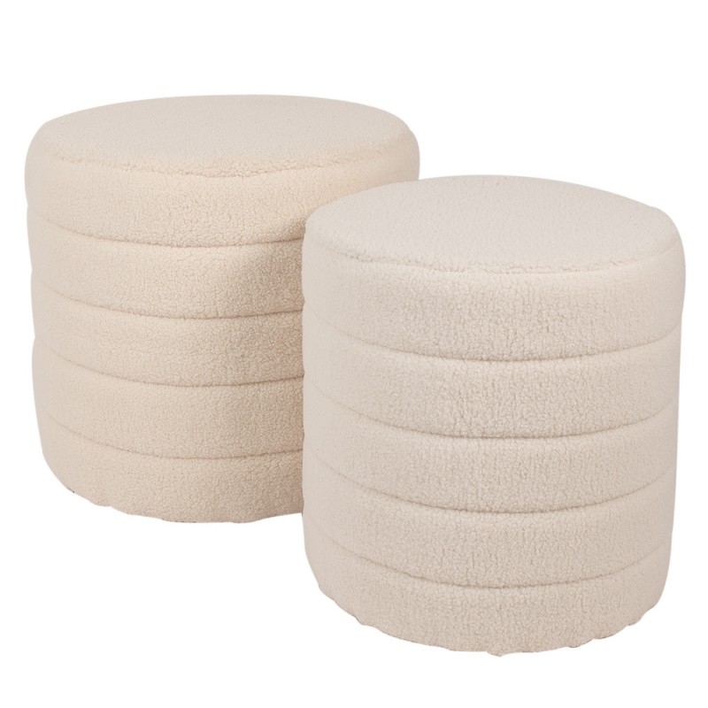 clayre & eef 65170 Hocker Set van 2 Ø 50x45 / Ø 40x40 cm Beige Hout Rond Voetenbankje