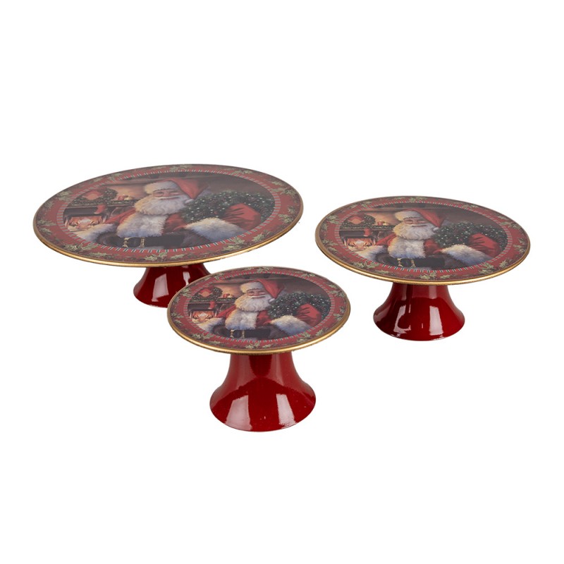Clayre & Eef 65754L Taartplateau Op Voet Ø 29x10 Cm Rood Kunststof Kerstman Rond