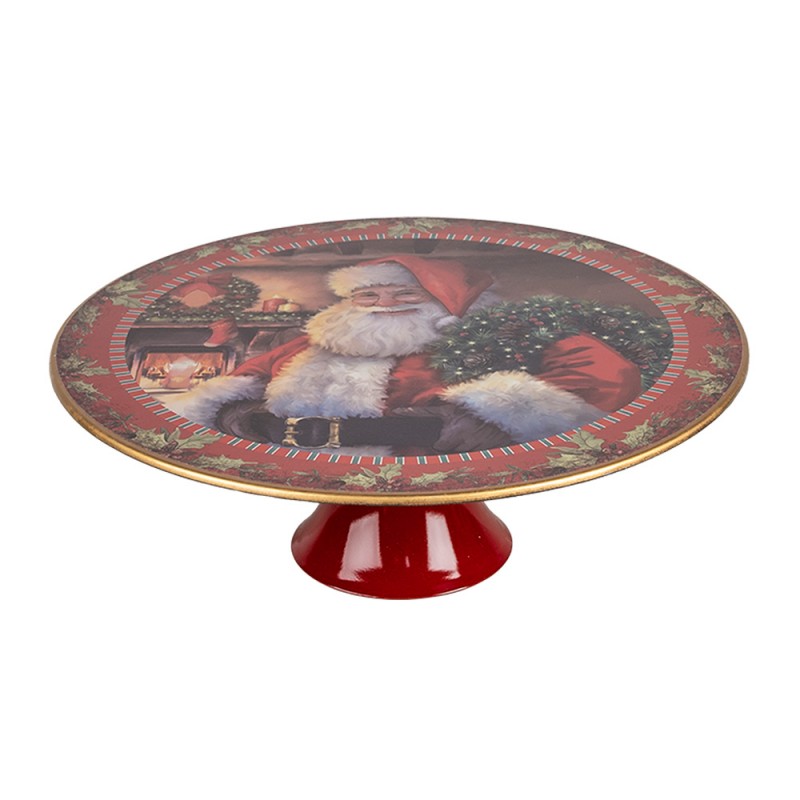 clayre & eef 65754L Taartplateau op Voet Ø 29x10 cm Rood Kunststof Kerstman Rond