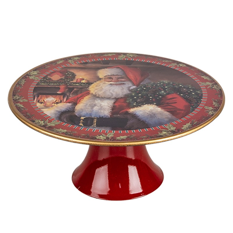 clayre & eef 65754M Taartplateau op Voet Ø 22x10 cm Rood Kunststof Kerstman Rond