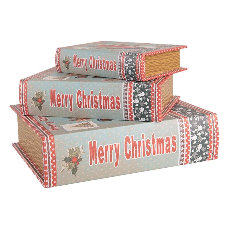 Clayre & Eef 66260 Opbergdoos Set Van 3 Boeken 27 /22 /17 Cm Blauw Hout Kerstman