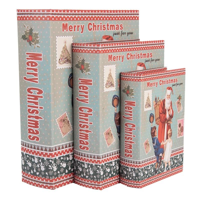 clayre & eef 66260 Opbergdoos Set van 3 Boeken 27 /22 /17 cm Blauw Hout Kerstman