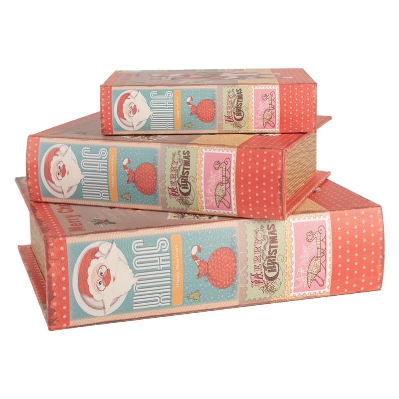 Clayre & Eef 66261 Opbergdoos Set Van 3 Boeken 27 /22 /17 Cm Rood Hout Kerstman