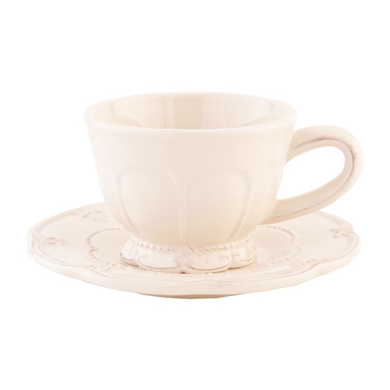 Clayre & Eef 6CE0263 Kop En Schotel 150 Ml Beige Keramiek Rond Servies