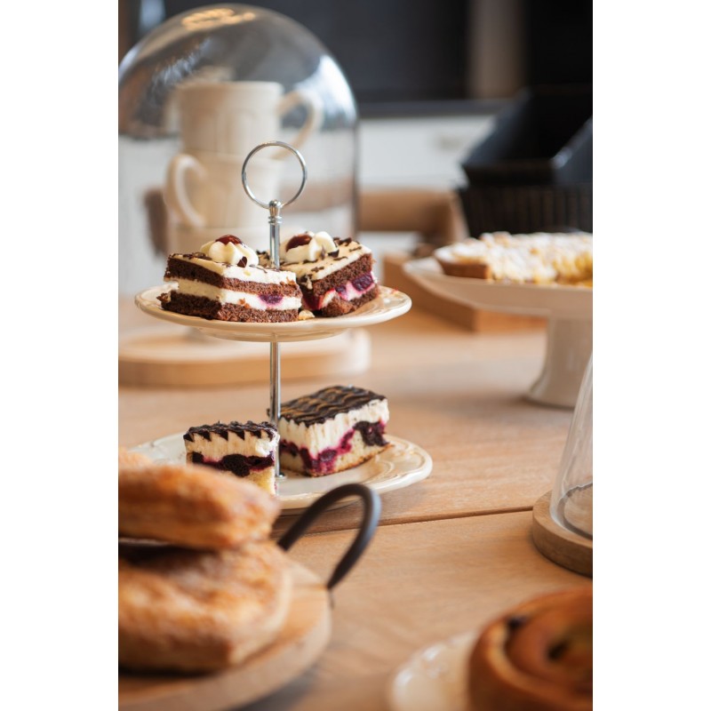 Clayre & Eef 6CE0266 Etagère 2 Laags 23 Cm Beige Keramiek Roosjes Rond Taartplateau