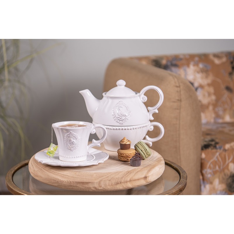 Clayre & Eef 6CE0273 Kop En Schotel 125 Ml Wit Keramiek Rond Servies