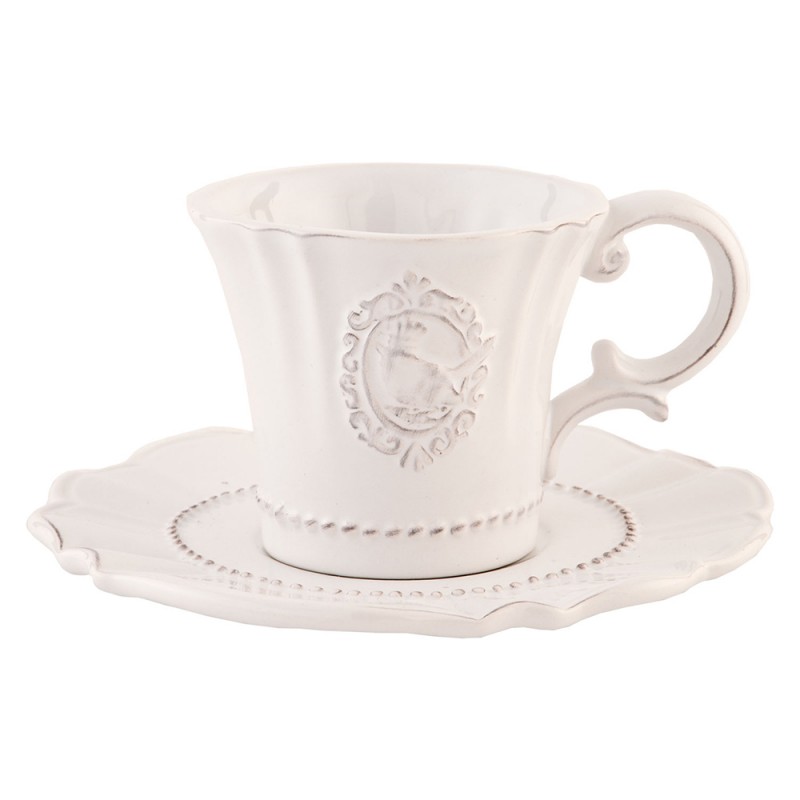clayre & eef 6CE0273 Kop en Schotel 125 ml Wit Keramiek Rond Servies
