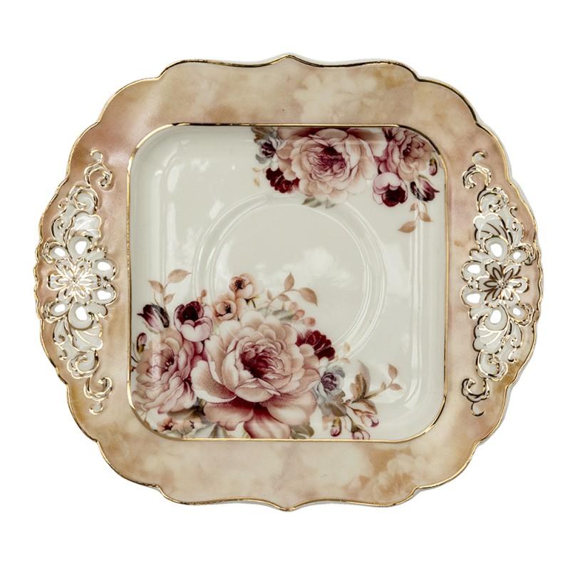 Clayre & Eef 6CE1271 Kop En Schotel 200 Ml Roze Beige Porselein Bloemen Rond Servies