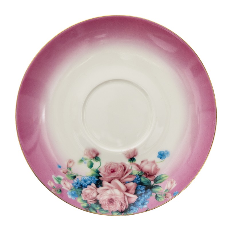 Clayre & Eef 6CE1275 Kop En Schotel 200 Ml Paars Porselein Bloemen Rond Servies