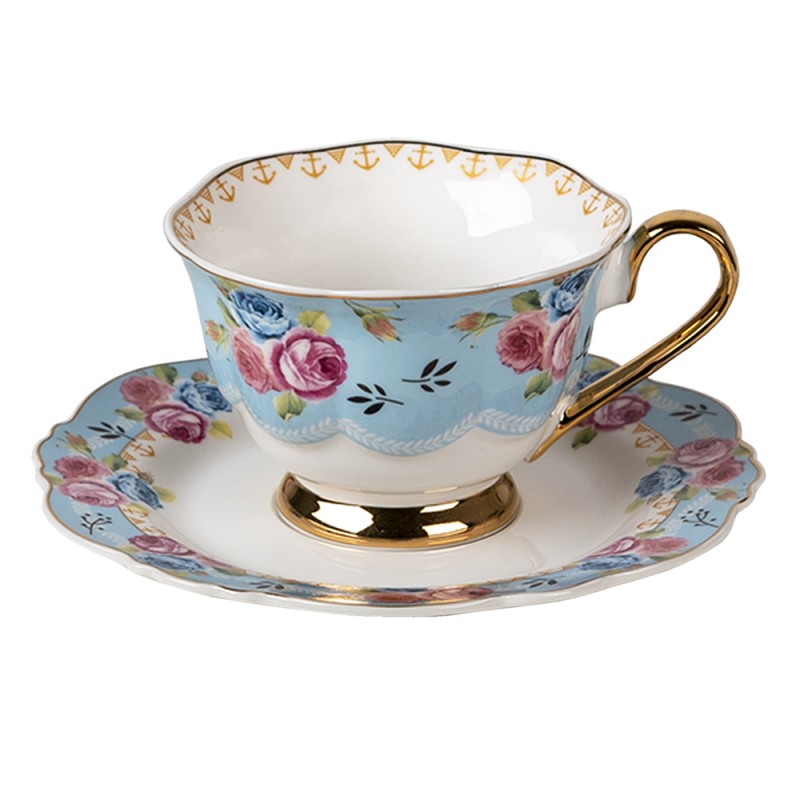clayre & eef 6CE1278 Kop en Schotel 160 ml Blauw Wit Porselein Bloemen Rond Servies