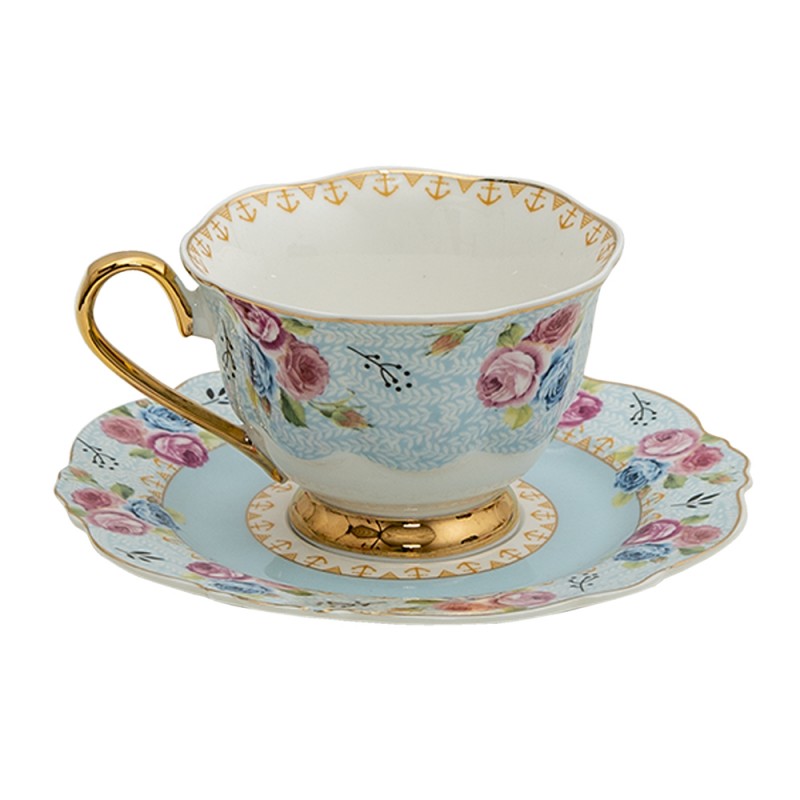 Clayre & Eef 6CE1279 Kop En Schotel 160 Ml Blauw Wit Porselein Bloemen Rond Servies