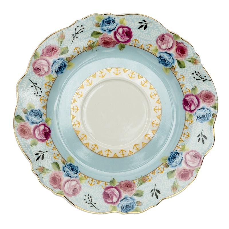 Clayre & Eef 6CE1279 Kop En Schotel 160 Ml Blauw Wit Porselein Bloemen Rond Servies