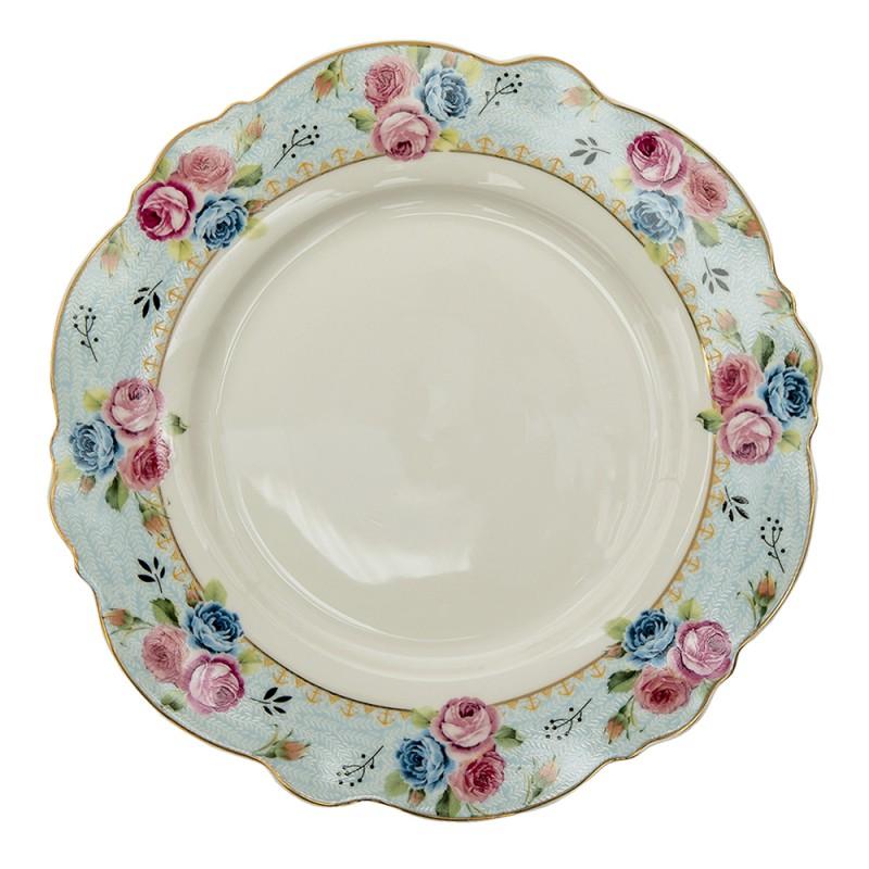 clayre & eef 6CE1281 Dinerbord Ø 28 cm Blauw Wit Keramiek Bloemen Rond Eetbord