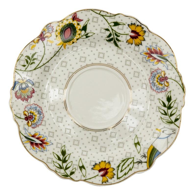 Clayre & Eef 6CE1283 Kop En Schotel 200 Ml Wit Zwart Porselein Bloemen Rond Servies