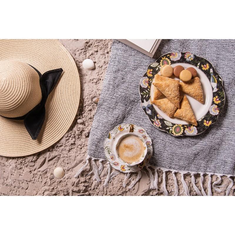 Clayre & Eef 6CE1285 Dinerbord Ø 28 Cm Zwart Wit Keramiek Bloemen Rond Eetbord